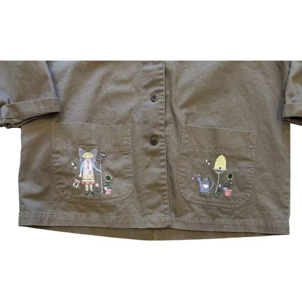 Christopher & Banks Womens Embroidered Chore Jacket Angels Cat Gardening L 90s - Picture 3 of 10